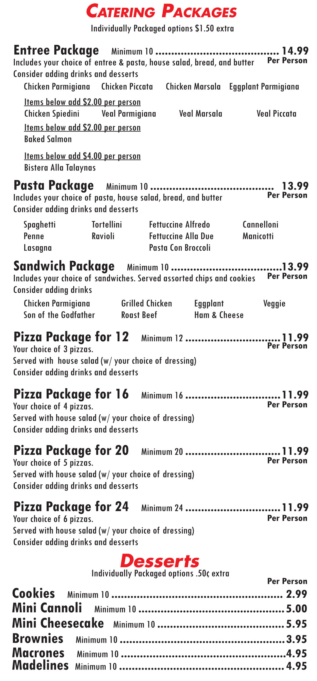 Talayna's Italian Restaurant Catering Menu 1